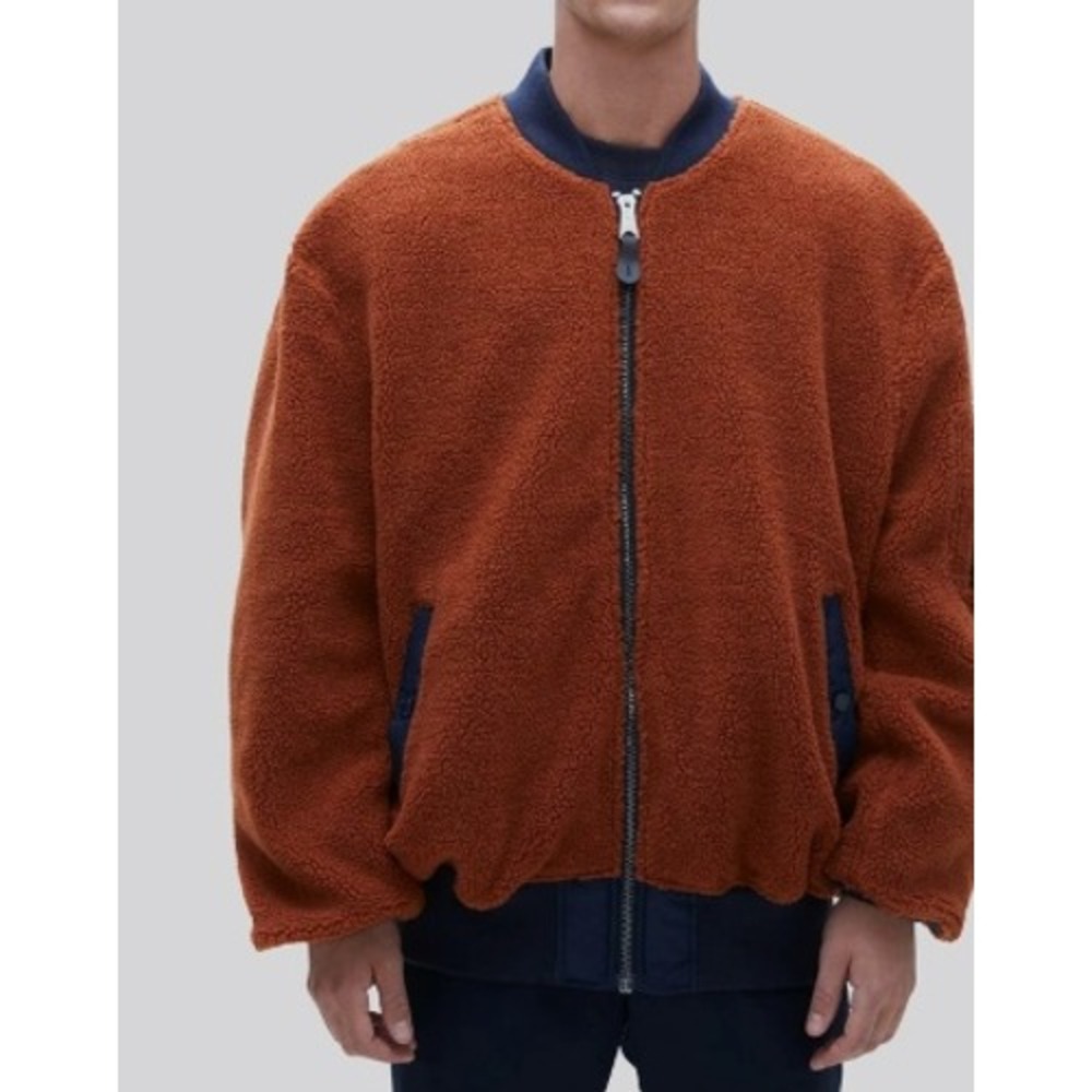 Alpha Industries Reversible Bomber Jacket Mens Large Orange Sherpa Navy Blue Zip